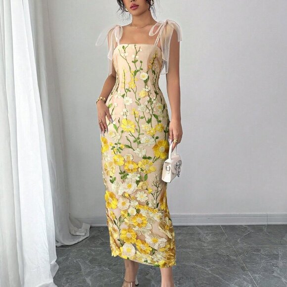 yellow Elegant Women's Mesh 3d Flower print Strap tie Maxi Dress - Picture 4 of 4